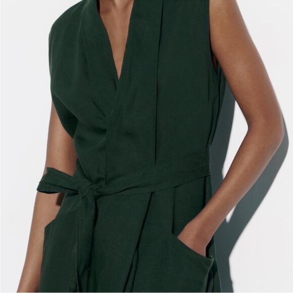 Zara Green Linen Blend Sleeveless Belted Midi Dress - Picture 9 of 9